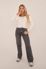 Cream Button Front Fold Down Knitted Jumper - Alvina