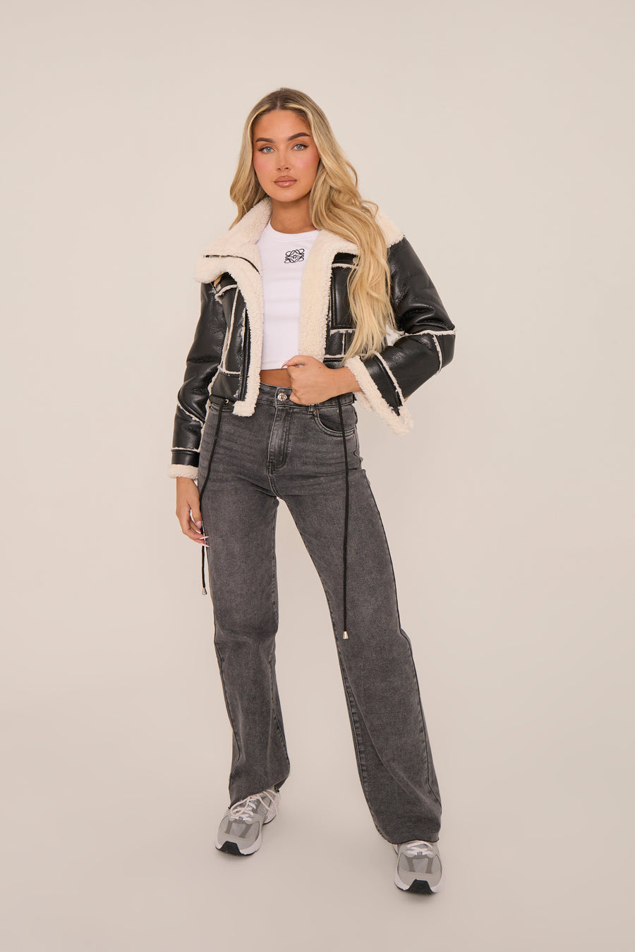 Black Faux Leather Shearling Aviator Cropped Jacket - Avani