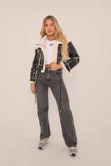 Black Faux Leather Shearling Aviator Cropped Jacket - Avani