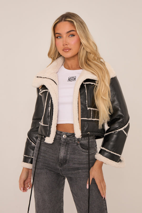 Black Faux Leather Shearling Aviator Cropped Jacket - Avani