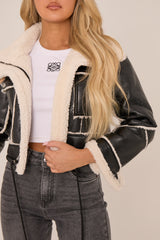 Black Faux Leather Shearling Aviator Cropped Jacket - Avani