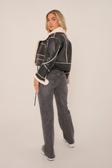 Black Faux Leather Shearling Aviator Cropped Jacket - Avani