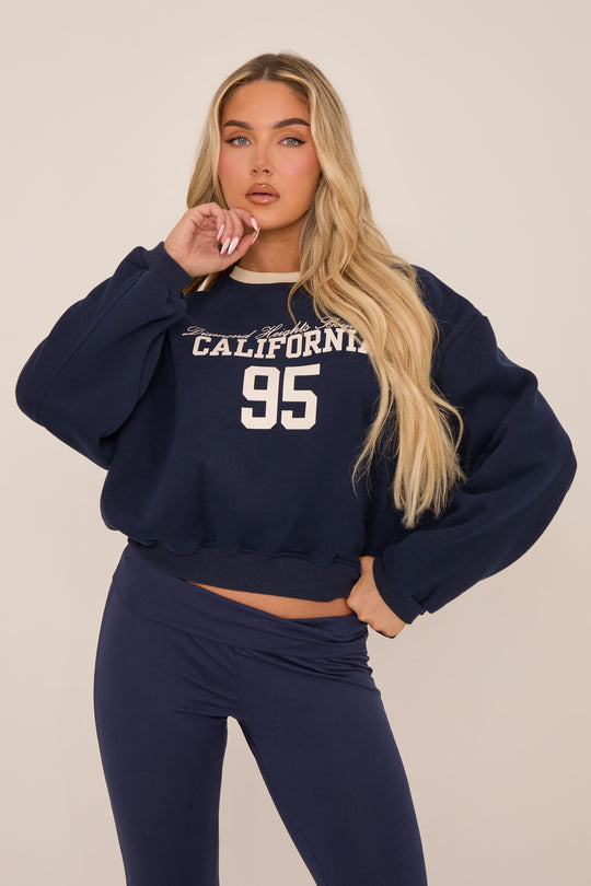 Navy California Print Long Sleeves Sweatshirt - Alisha