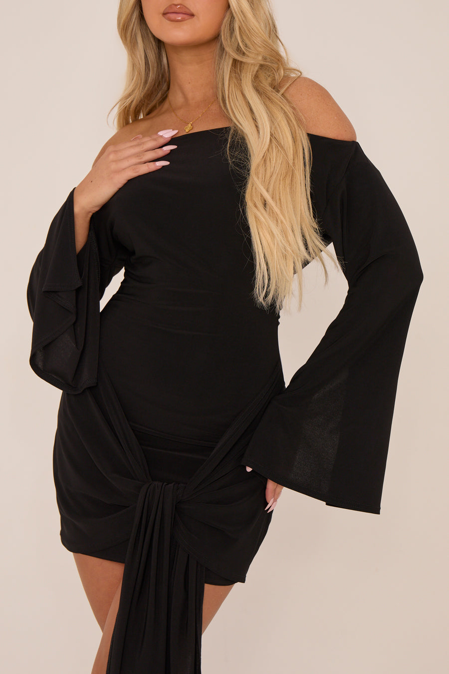 Black Long Flared Sleeves Drape Detail Bodycon Mini Dress - Maya