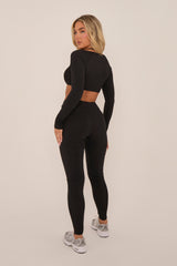 Black Rib Knit Long sleeves Cropped Top & Leggings Co-ord Set - Fia