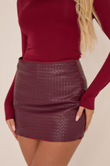 Wine Woven Faux Leather Mini Skirt - Alivia