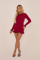 Wine Contrast Edge Frill Hem Mini Dress - Agatha