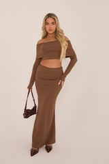 Brown Knit Fold Down Bardot Maxi Skirt Set - Beatrix