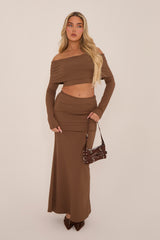 Brown Knit Fold Down Bardot Maxi Skirt Set - Beatrix