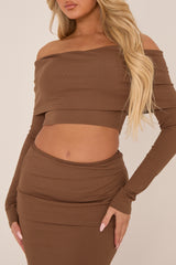 Brown Knit Fold Down Bardot Maxi Skirt Set - Beatrix