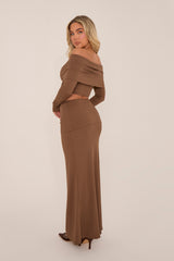 Brown Knit Fold Down Bardot Maxi Skirt Set - Beatrix