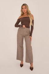 Brown Check Wide Leg High Waisted Trousers - Lorena