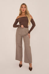 Brown Check Wide Leg High Waisted Trousers - Lorena