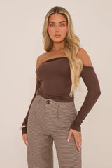 Brown Twist Detail Bardot Fitted Top - Deja