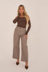 Brown Check Wide Leg High Waisted Trousers - Lorena