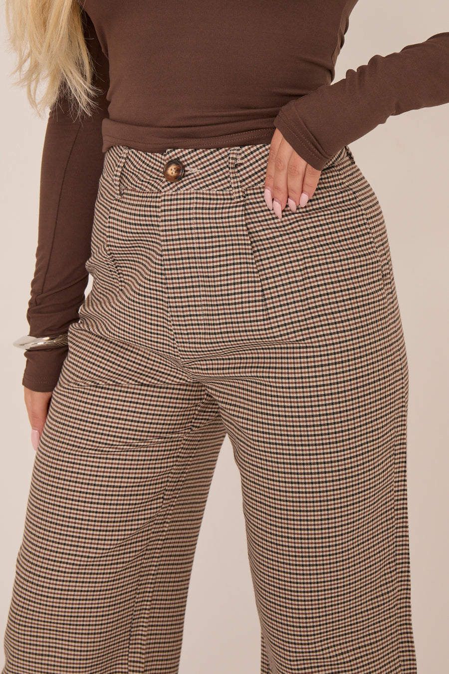 Brown Check Wide Leg High Waisted Trousers - Lorena