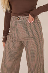 Brown Check Wide Leg High Waisted Trousers - Lorena