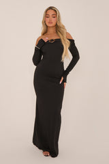 Black Metal Trim Bardot Maxi Dress - Oriana