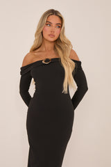 Black Metal Trim Bardot Maxi Dress - Oriana