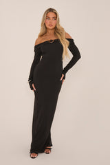 Black Metal Trim Bardot Maxi Dress - Oriana