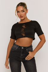 Black Lace Insert Cropped Tshirt - Mina