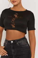 Black Lace Insert Cropped Tshirt - Mina