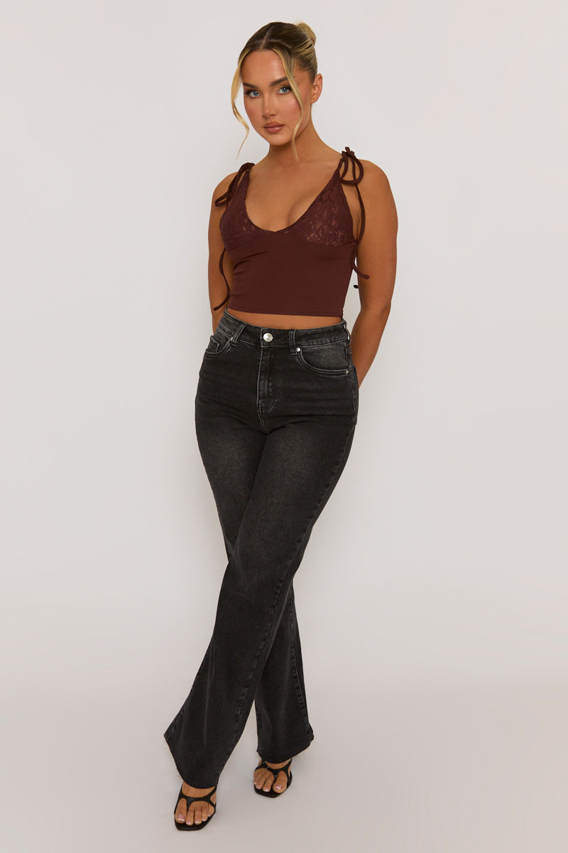 Brown Lace Bust Tie Shoulder Cami Top - Melton