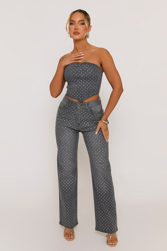 Grey Embellished Denim Jeans - Gabriela