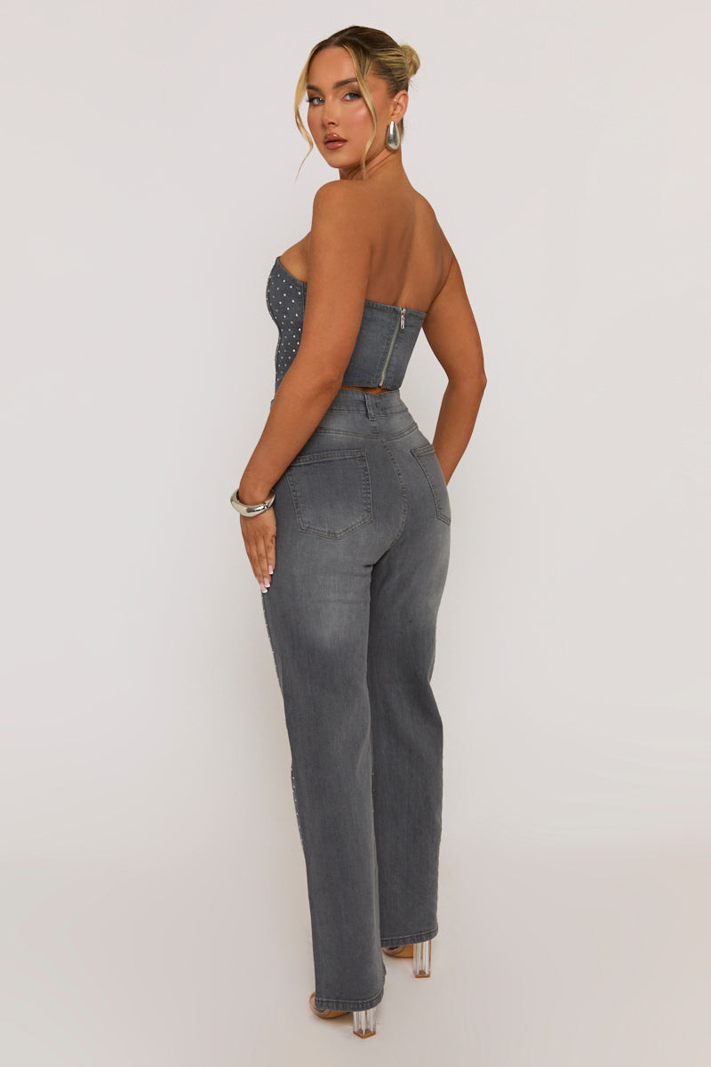 Grey Embellished Denim Jeans - Gabriela