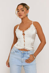 Ivory Satin Lace Trim Button Down Cami - Sanya