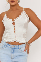 Ivory Satin Lace Trim Button Down Cami - Sanya