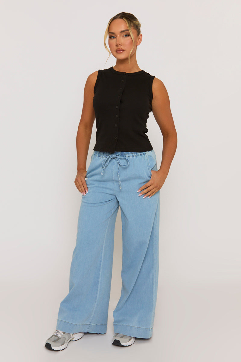 Black Sleeveless Button Up Rib Top - Nikolina