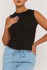 Black Sleeveless Button Up Rib Top - Nikolina