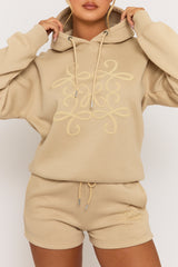 Beige Marl Swirl Motif Hoodie & Shorts Loungewear Co-ord Set - Dimity