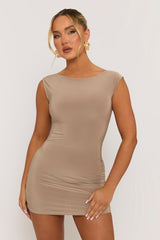 Taupe Boat Neck Backless Bodycon Mini Dress - Imogen