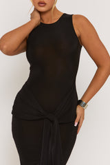 Black Slinky Racer Neck Tie Front Midaxi Dress - Azalaya