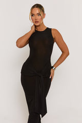 Black Slinky Racer Neck Tie Front Midaxi Dress - Azalaya