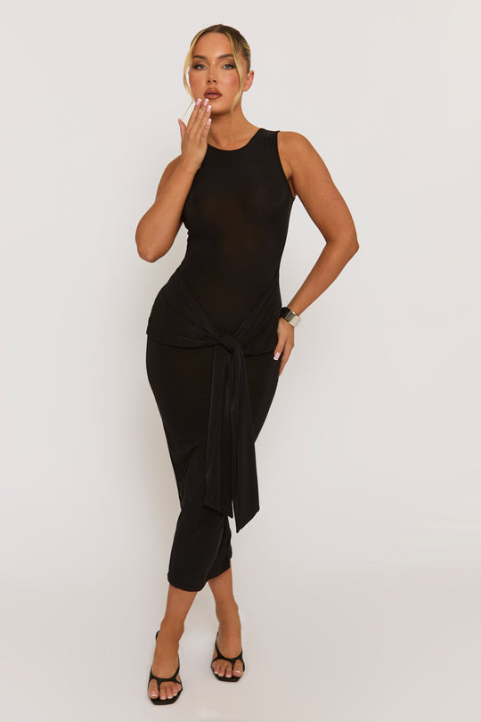 Black Slinky Racer Neck Tie Front Midaxi Dress - Azalaya
