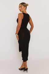 Black Slinky Racer Neck Tie Front Midaxi Dress - Azalaya