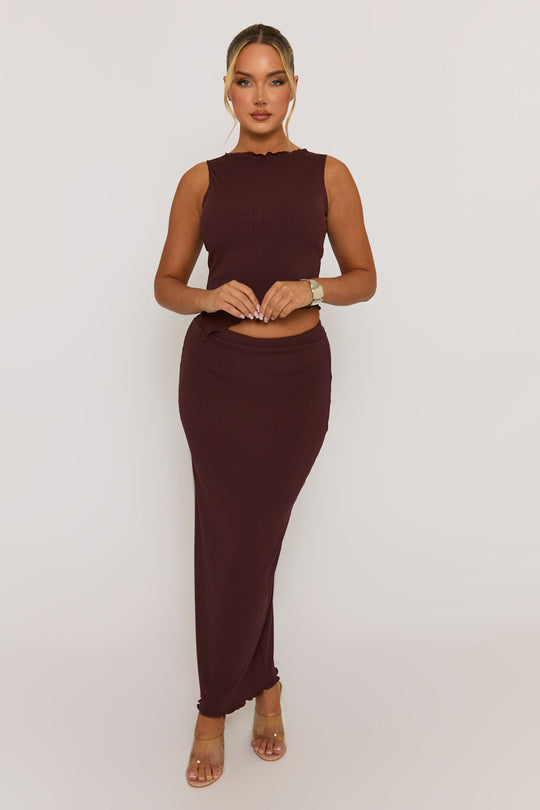 Chocolate Textured Asymmetric Top and Maxi Skirt Co-ord Set - Yeva
