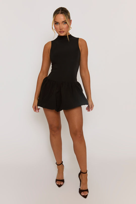 Black High Neck Puffball Mini Dress - Carmelita