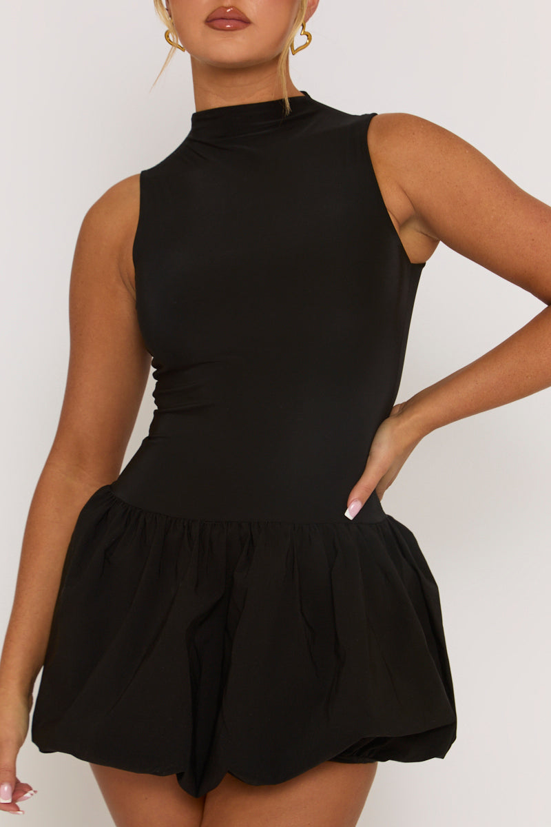 Black High Neck Puffball Mini Dress - Carmelita