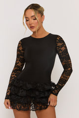 Black Ruffle Lace Mini Dress - Brilliana