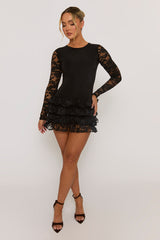 Black Ruffle Lace Mini Dress - Brilliana