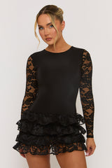 Black Ruffle Lace Mini Dress - Brilliana