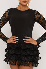 Black Ruffle Lace Mini Dress - Brilliana
