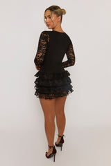 Black Ruffle Lace Mini Dress - Brilliana