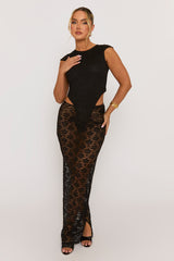 Black Lace Bodysuit and Maxi Skirt Co-Ord Set - Marya