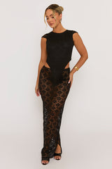 Black Lace Bodysuit and Maxi Skirt Co-Ord Set - Marya