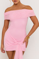 Pink Mesh Bardot Mini Dress - Evelina